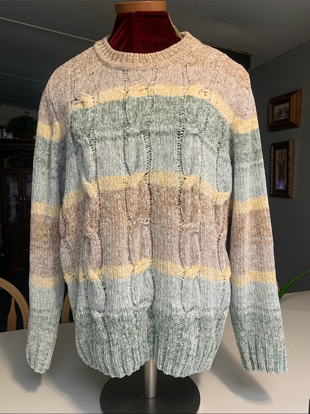 Alfred Dunner Crewneck Cable Knit Sweater in Sage, Cream & Tan